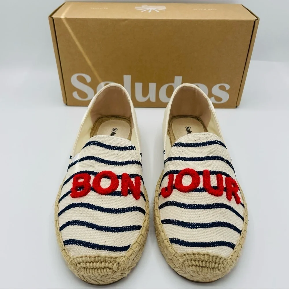 NEW SOLUDOS Bonjour Natural Navy Stripe Espadrilles Size 6